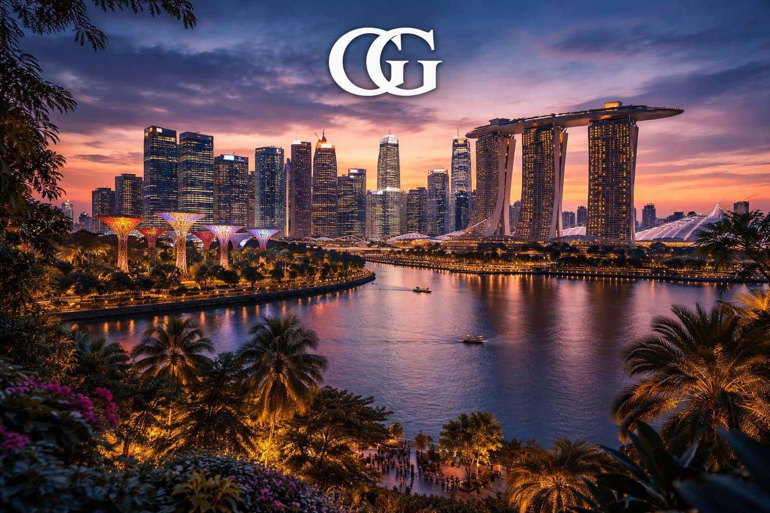 Singapore Marina Bay Sands and CBD skyline at dusk