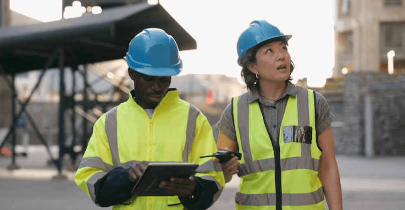 Two engineers in high-vis on a construction site reviewing a tablet